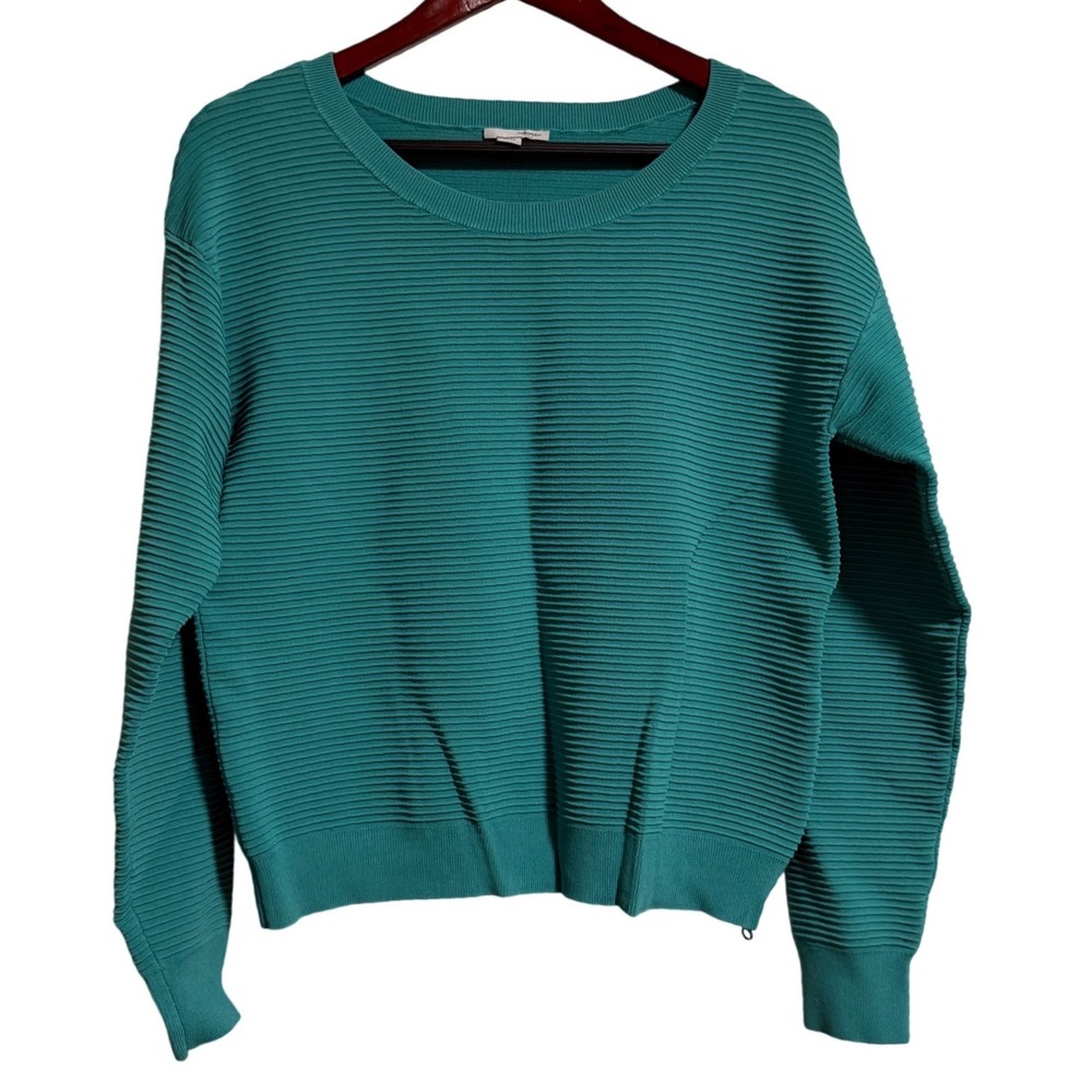 Halogen Teal Ribbed Knit Crew Neck Sweater Side Zip Detail Size L
